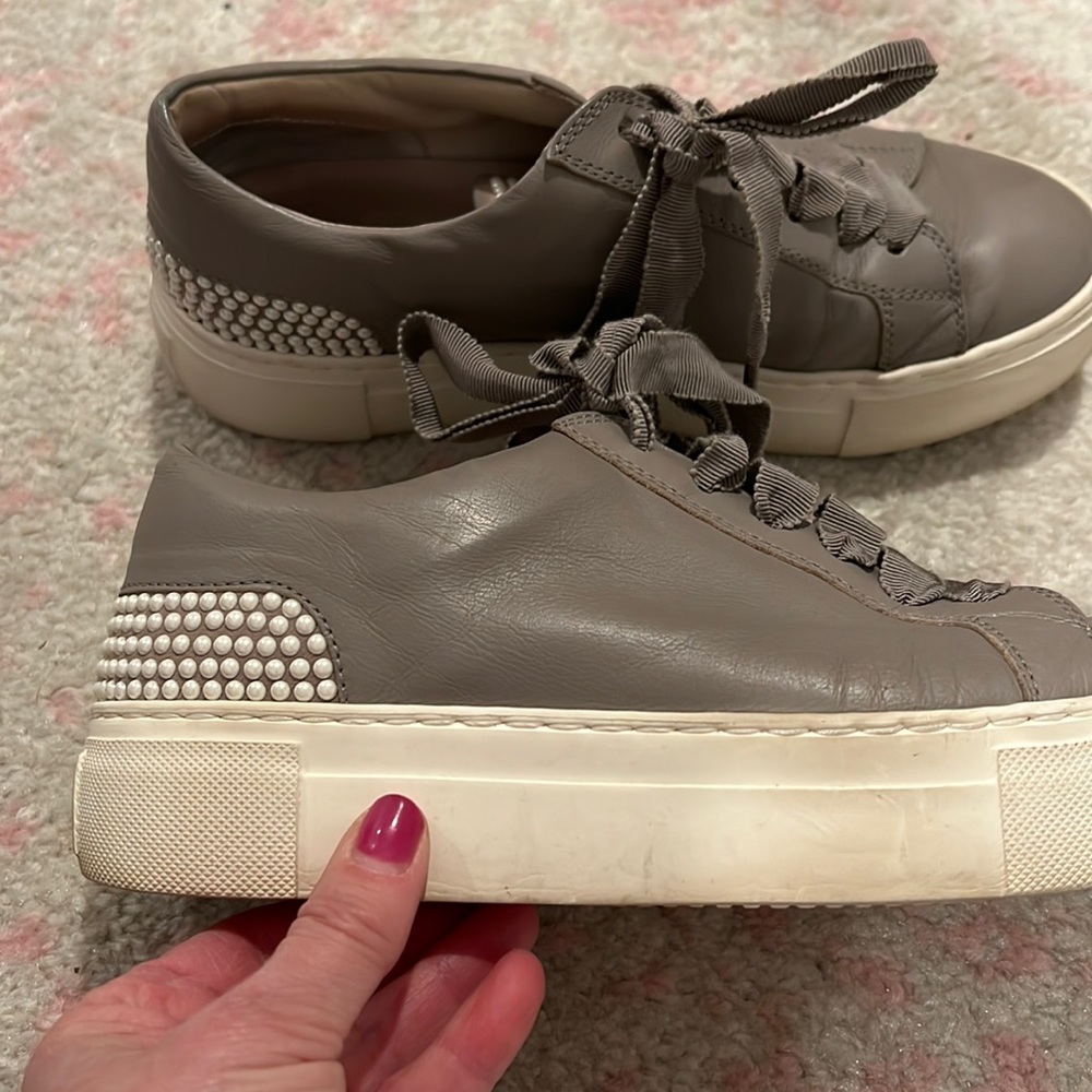 AGL platform sneaker, grosgrain ribbon laces, pearl detail.